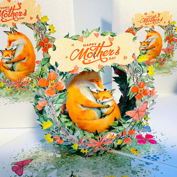 Happy Mother's Day - Sweet Mum & Baby Fox in Floral Wreath Origami Pop Cards 3D Pop Up Greeting Card Handmade Gift for Mum Floral Blank Card Australian Made Thank You Thinking of You Mother's Day Paper Art Gift Australian Flowers Celebrate Special Mum