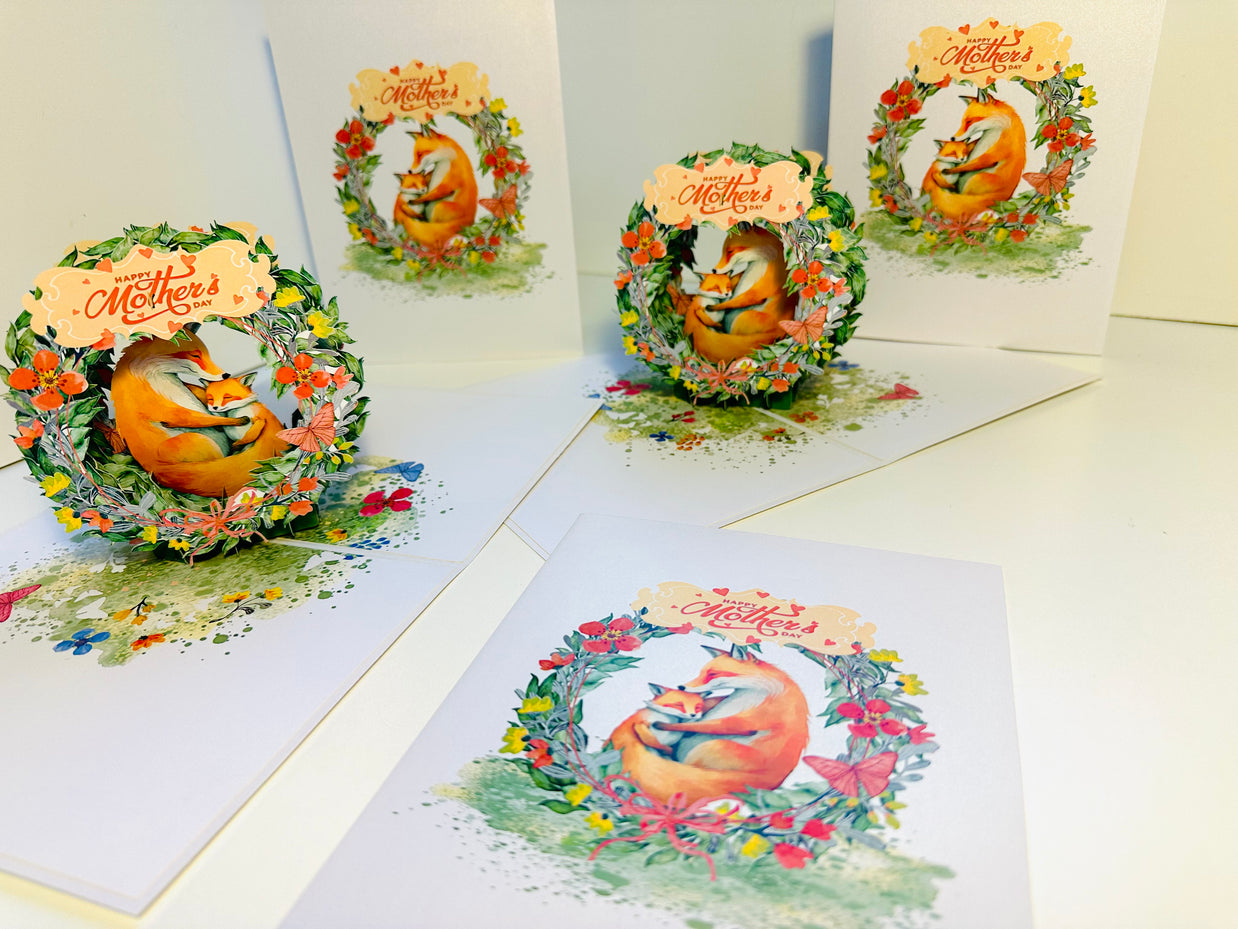 Happy Mother's Day - Sweet Mum & Baby Fox in Floral Wreath Origami Pop Cards 3D Pop Up Greeting Card Handmade Gift for Mum Floral Blank Card Australian Made Thank You Thinking of You Mother's Day Paper Art Gift Australian Flowers Celebrate Special Mum