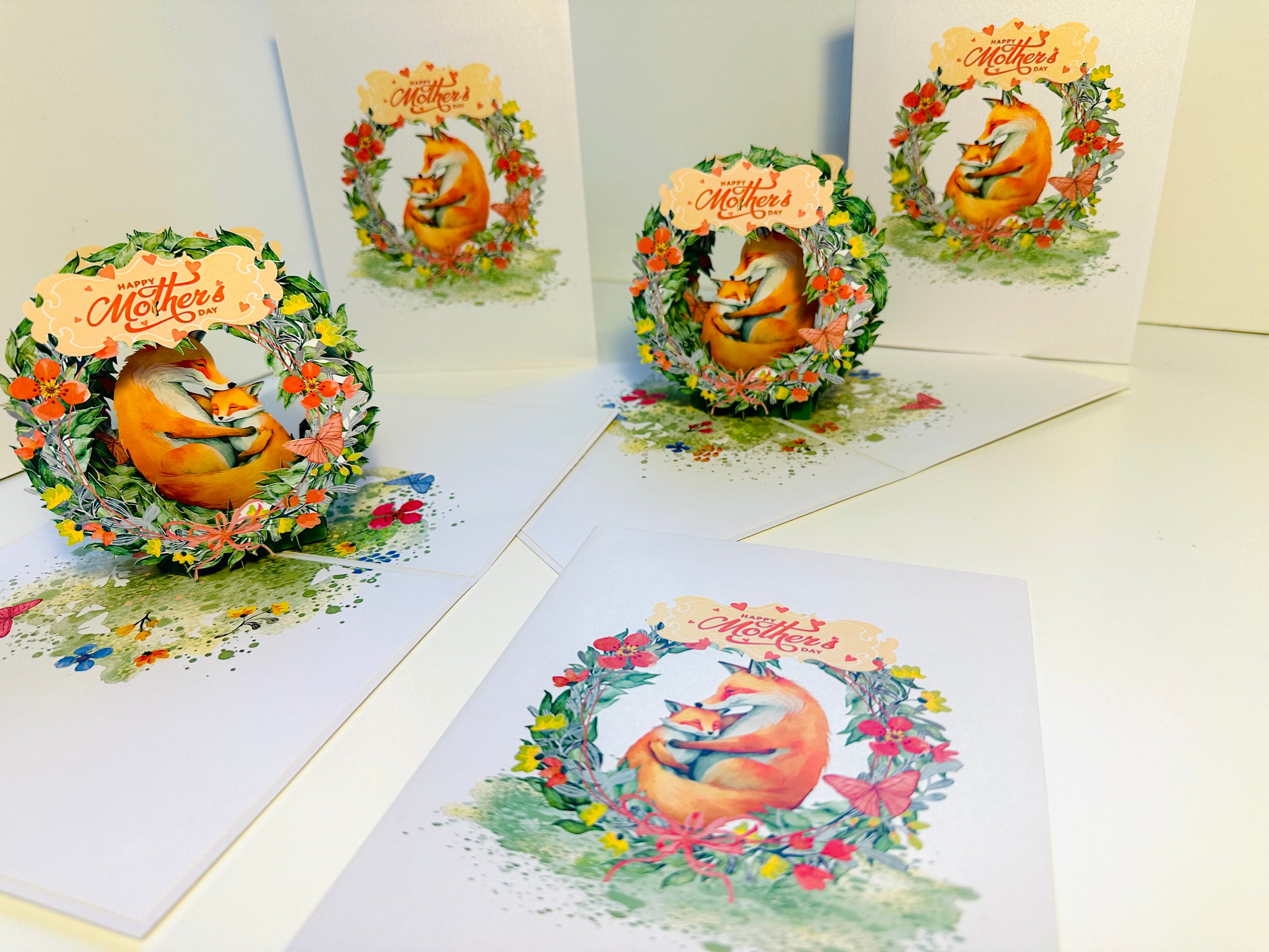 Happy Mother's Day - Sweet Mum & Baby Fox in Floral Wreath Origami Pop Cards 3D Pop Up Greeting Card Handmade Gift for Mum Floral Blank Card Australian Made Thank You Thinking of You Mother's Day Paper Art Gift Australian Flowers Celebrate Special Mum