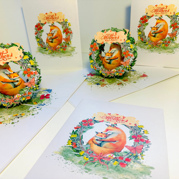 Happy Mother's Day - Sweet Mum & Baby Fox in Floral Wreath Origami Pop Cards 3D Pop Up Greeting Card Handmade Gift for Mum Floral Blank Card Australian Made Thank You Thinking of You Mother's Day Paper Art Gift Australian Flowers Celebrate Special Mum