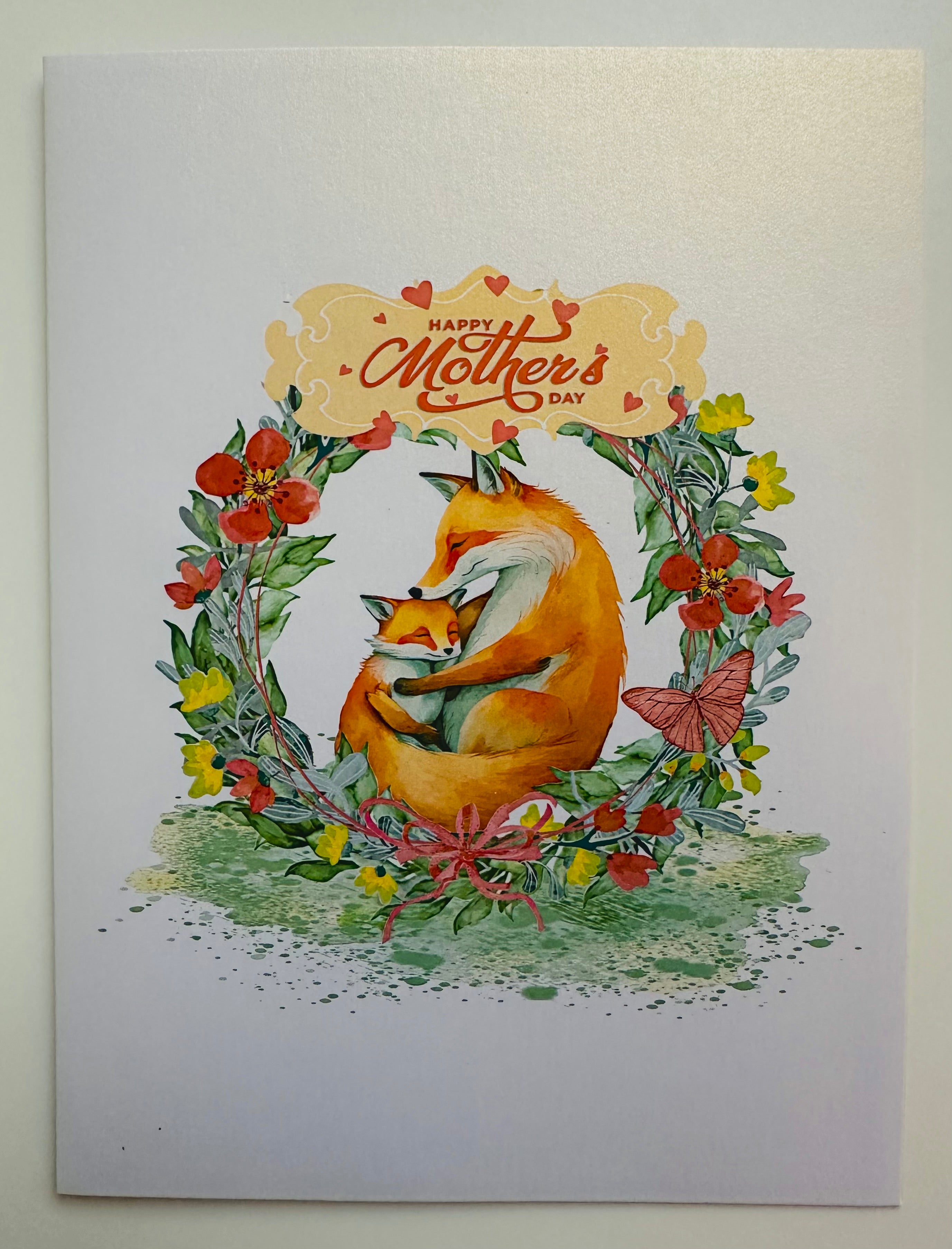 Happy Mother's Day - Sweet Mum & Baby Fox in Floral Wreath Origami Pop Cards 3D Pop Up Greeting Card Handmade Gift for Mum Floral Blank Card Australian Made Thank You Thinking of You Mother's Day Paper Art Gift Australian Flowers Celebrate Special Mum