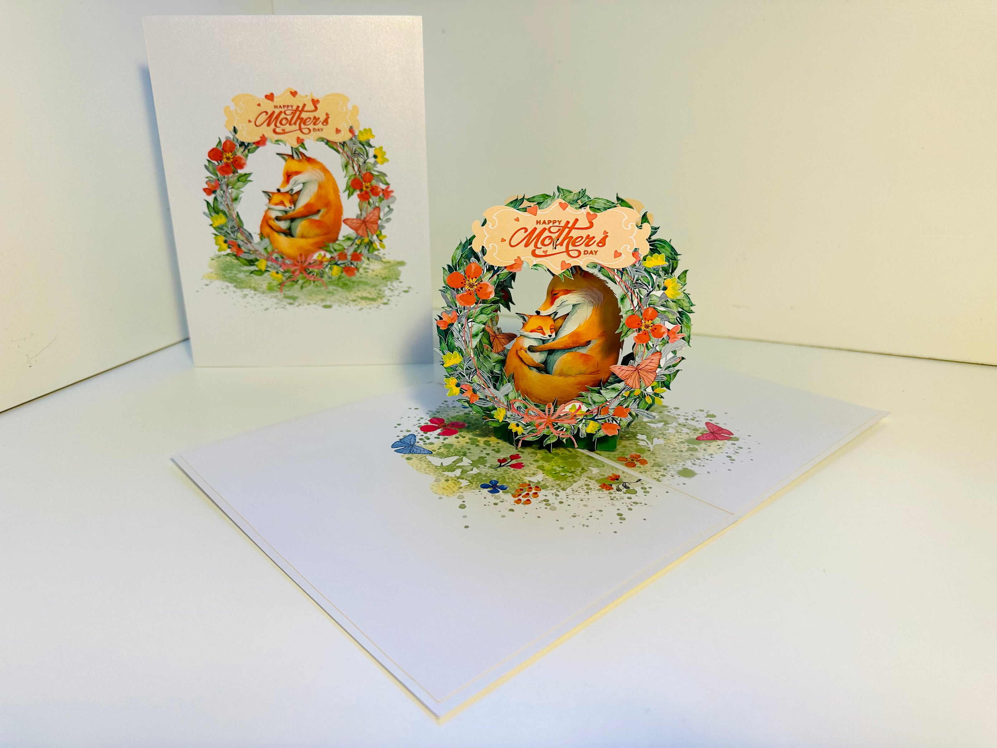Happy Mother's Day - Sweet Mum & Baby Fox in Floral Wreath Origami Pop Cards 3D Pop Up Greeting Card Handmade Gift for Mum Floral Blank Card Australian Made Thank You Thinking of You Mother's Day Paper Art Gift Australian Flowers Celebrate Special Mum