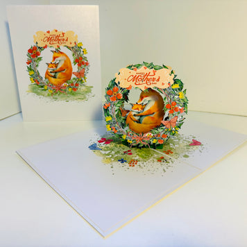 Happy Mother's Day - Sweet Mum & Baby Fox in Floral Wreath Origami Pop Cards 3D Pop Up Greeting Card Handmade Gift for Mum Floral Blank Card Australian Made Thank You Thinking of You Mother's Day Paper Art Gift Australian Flowers Celebrate Special Mum