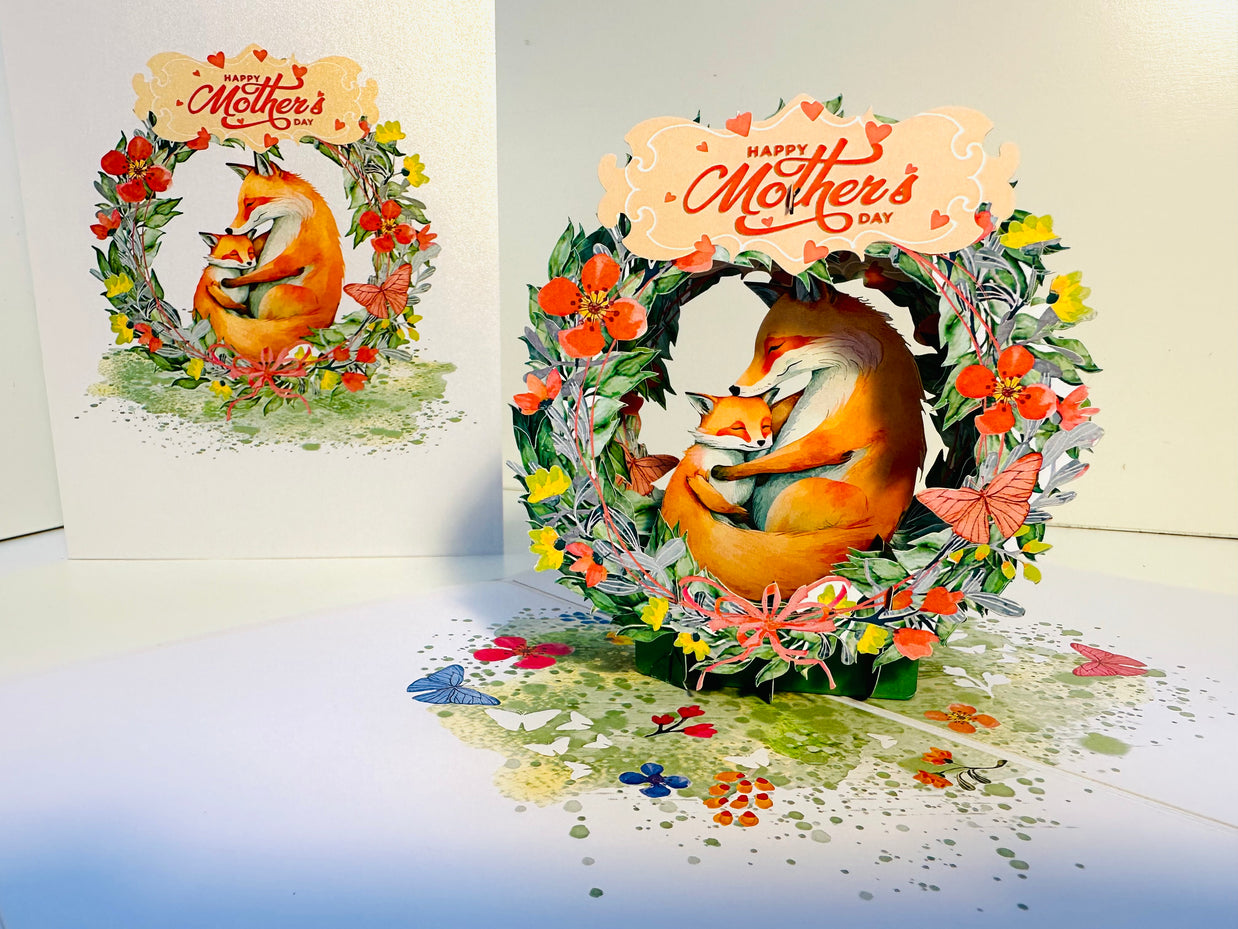 Happy Mother's Day - Sweet Mum & Baby Fox in Floral Wreath Origami Pop Cards 3D Pop Up Greeting Card Handmade Gift for Mum Floral Blank Card Australian Made Thank You Thinking of You Mother's Day Paper Art Gift Australian Flowers Celebrate Special Mum