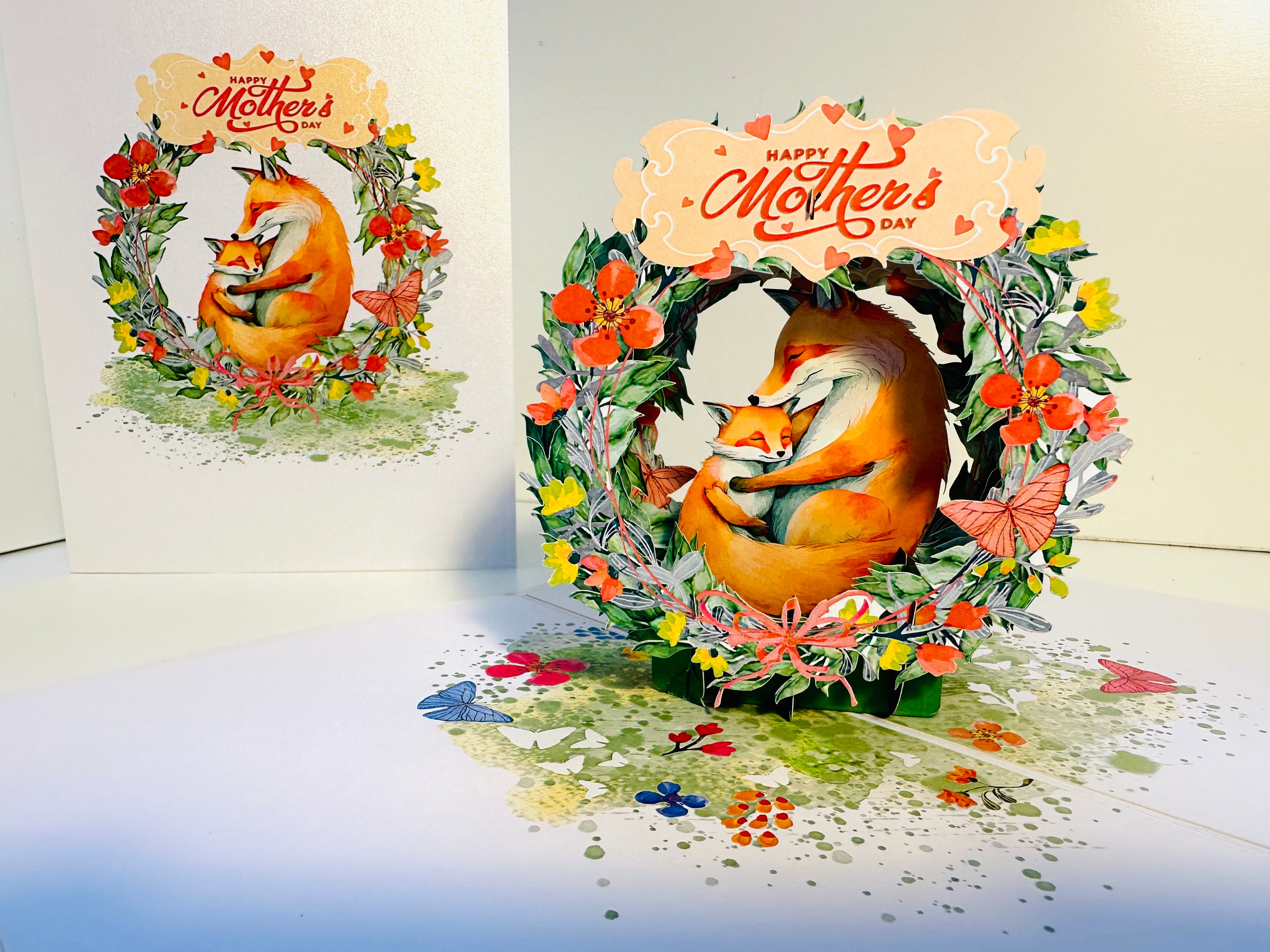 Happy Mother's Day - Sweet Mum & Baby Fox in Floral Wreath Origami Pop Cards 3D Pop Up Greeting Card Handmade Gift for Mum Floral Blank Card Australian Made Thank You Thinking of You Mother's Day Paper Art Gift Australian Flowers Celebrate Special Mum