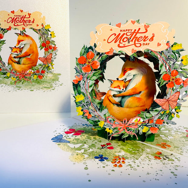 Happy Mother's Day - Sweet Mum & Baby Fox in Floral Wreath Origami Pop Cards 3D Pop Up Greeting Card Handmade Gift for Mum Floral Blank Card Australian Made Thank You Thinking of You Mother's Day Paper Art Gift Australian Flowers Celebrate Special Mum