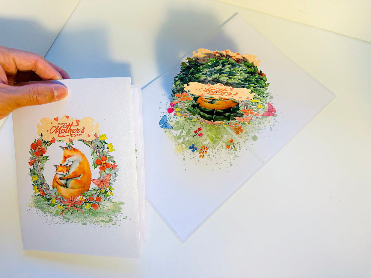 Happy Mother's Day - Sweet Mum & Baby Fox in Floral Wreath Origami Pop Cards 3D Pop Up Greeting Card Handmade Gift for Mum Floral Blank Card Australian Made Thank You Thinking of You Mother's Day Paper Art Gift Australian Flowers Celebrate Special Mum