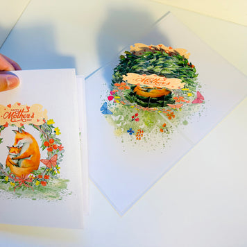 Happy Mother's Day - Sweet Mum & Baby Fox in Floral Wreath Origami Pop Cards 3D Pop Up Greeting Card Handmade Gift for Mum Floral Blank Card Australian Made Thank You Thinking of You Mother's Day Paper Art Gift Australian Flowers Celebrate Special Mum