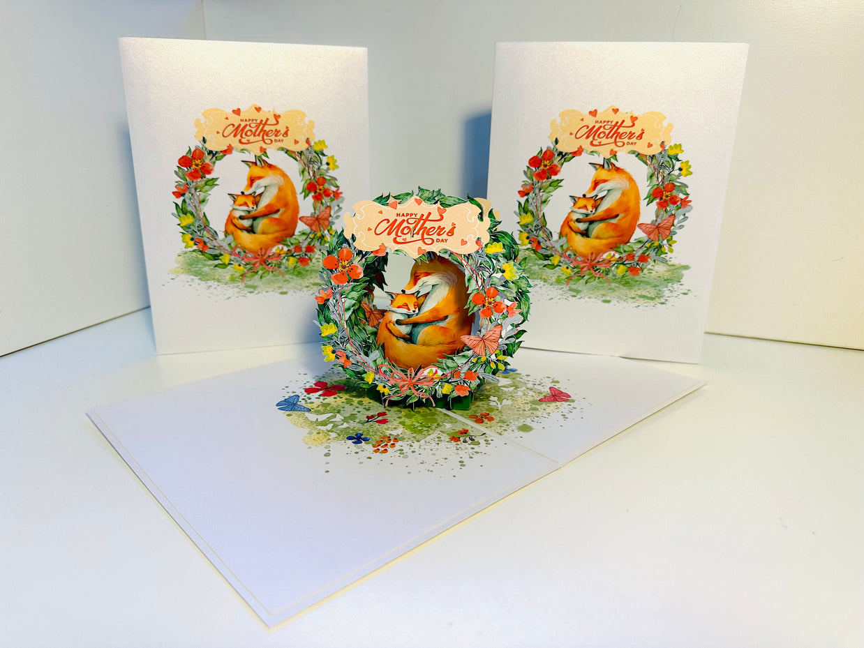 Happy Mother's Day - Sweet Mum & Baby Fox in Floral Wreath Origami Pop Cards 3D Pop Up Greeting Card Handmade Gift for Mum Floral Blank Card Australian Made Thank You Thinking of You Mother's Day Paper Art Gift Australian Flowers Celebrate Special Mum