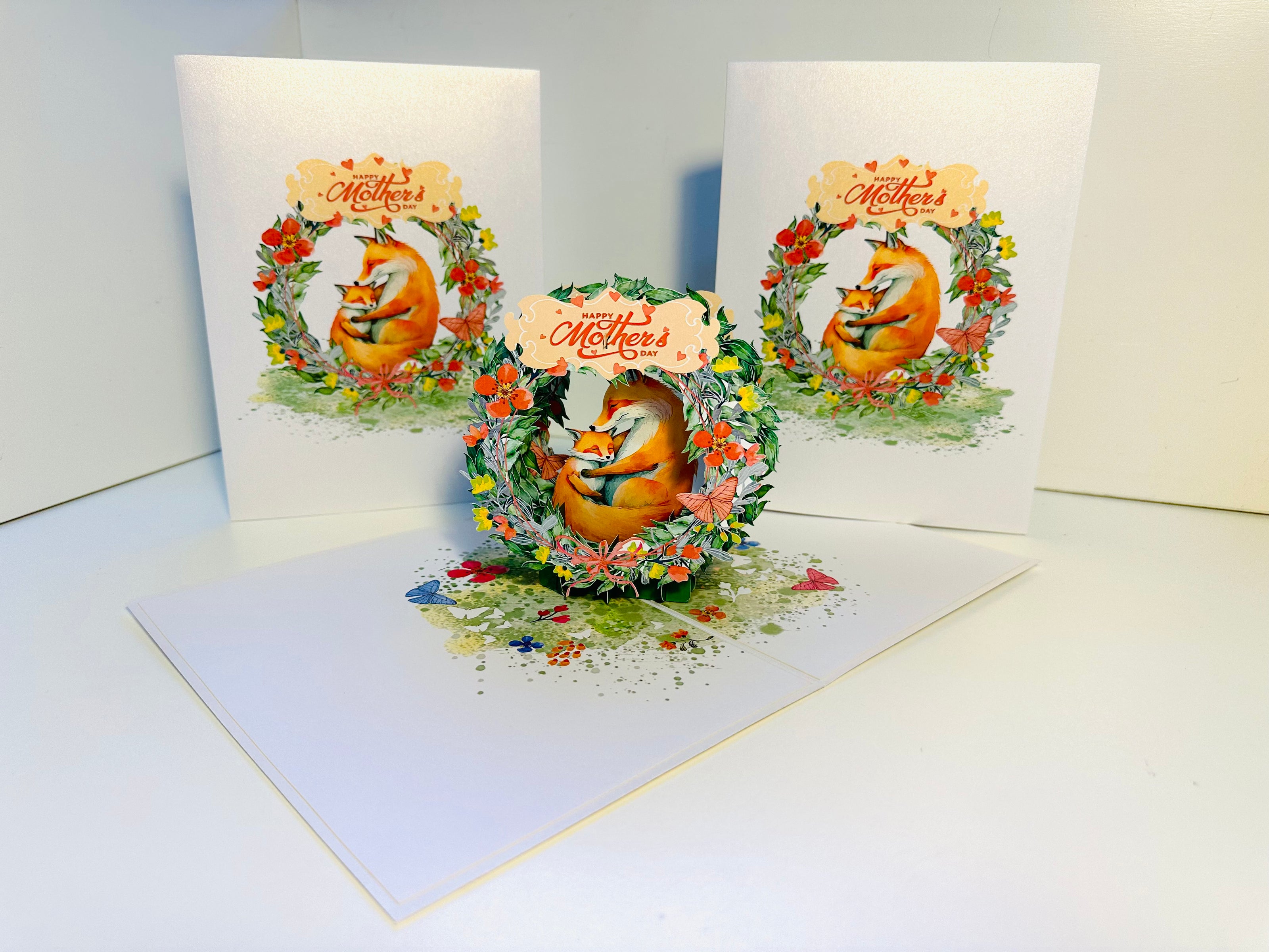 Happy Mother's Day - Sweet Mum & Baby Fox in Floral Wreath Origami Pop Cards 3D Pop Up Greeting Card Handmade Gift for Mum Floral Blank Card Australian Made Thank You Thinking of You Mother's Day Paper Art Gift Australian Flowers Celebrate Special Mum