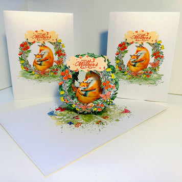 Happy Mother's Day - Sweet Mum & Baby Fox in Floral Wreath Origami Pop Cards 3D Pop Up Greeting Card Handmade Gift for Mum Floral Blank Card Australian Made Thank You Thinking of You Mother's Day Paper Art Gift Australian Flowers Celebrate Special Mum