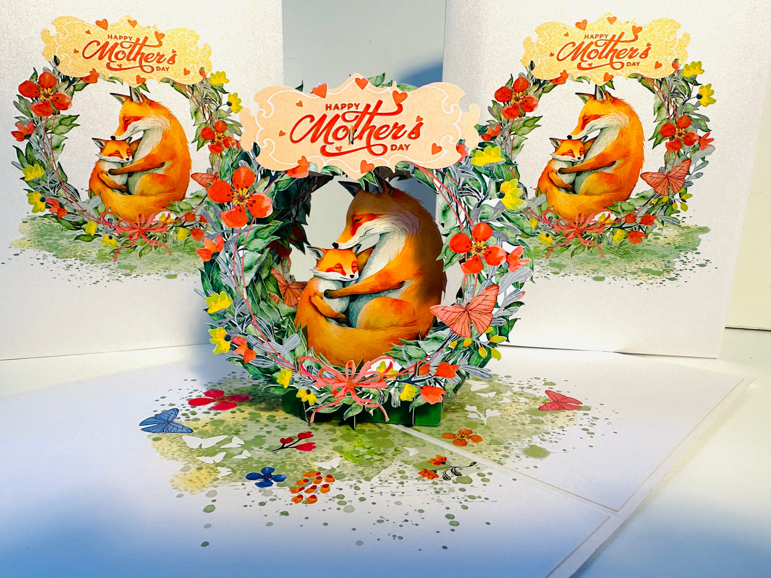Happy Mother's Day - Sweet Mum & Baby Fox in Floral Wreath Origami Pop Cards 3D Pop Up Greeting Card Handmade Gift for Mum Floral Blank Card Australian Made Thank You Thinking of You Mother's Day Paper Art Gift Australian Flowers Celebrate Special Mum