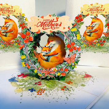 Happy Mother's Day - Sweet Mum & Baby Fox in Floral Wreath Origami Pop Cards 3D Pop Up Greeting Card Handmade Gift for Mum Floral Blank Card Australian Made Thank You Thinking of You Mother's Day Paper Art Gift Australian Flowers Celebrate Special Mum