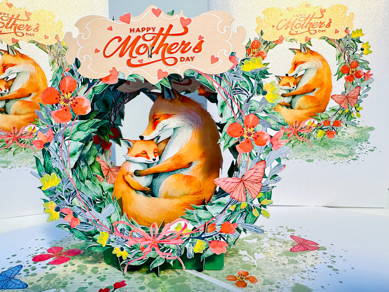 Happy Mother's Day - Sweet Mum & Baby Fox in Floral Wreath Origami Pop Cards 3D Pop Up Greeting Card Handmade Gift for Mum Floral Blank Card Australian Made Thank You Thinking of You Mother's Day Paper Art Gift Australian Flowers Celebrate Special Mum