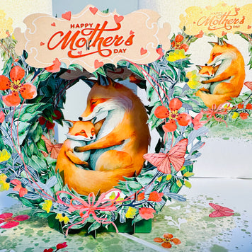 Happy Mother's Day - Sweet Mum & Baby Fox in Floral Wreath Origami Pop Cards 3D Pop Up Greeting Card Handmade Gift for Mum Floral Blank Card Australian Made Thank You Thinking of You Mother's Day Paper Art Gift Australian Flowers Celebrate Special Mum
