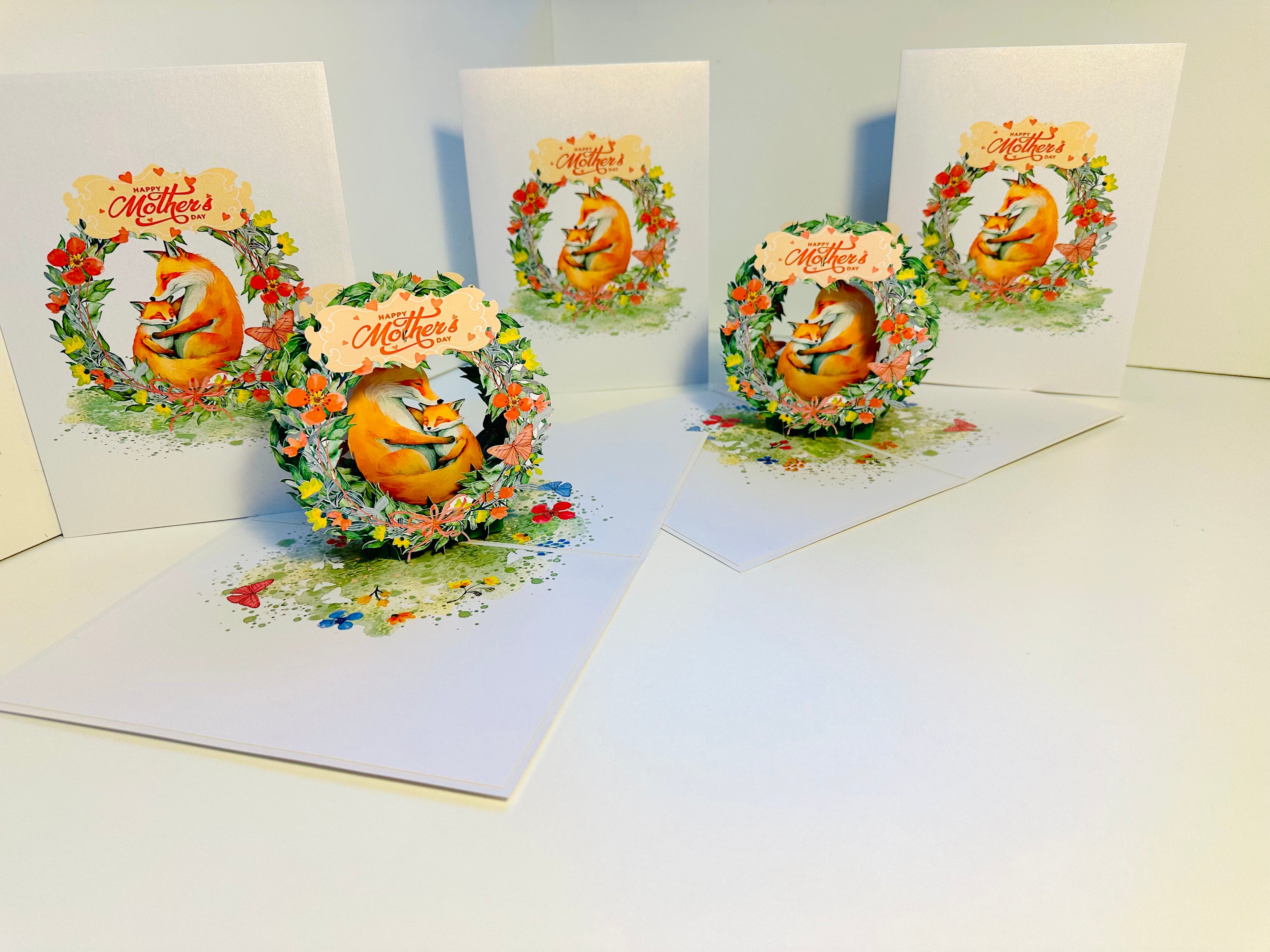 Happy Mother's Day - Sweet Mum & Baby Fox in Floral Wreath Origami Pop Cards 3D Pop Up Greeting Card Handmade Gift for Mum Floral Blank Card Australian Made Thank You Thinking of You Mother's Day Paper Art Gift Australian Flowers Celebrate Special Mum