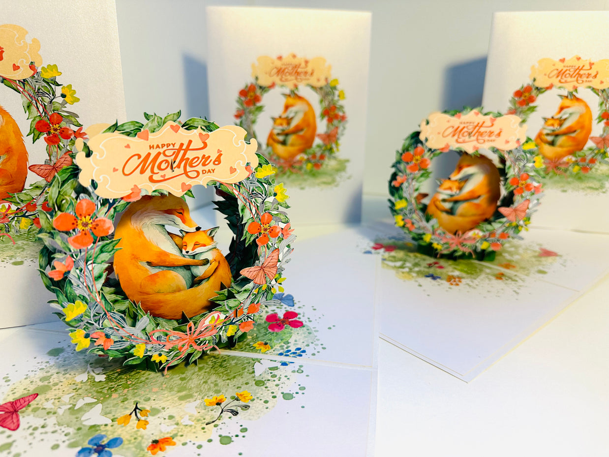 Happy Mother's Day - Sweet Mum & Baby Fox in Floral Wreath Origami Pop Cards 3D Pop Up Greeting Card Handmade Gift for Mum Floral Blank Card Australian Made Thank You Thinking of You Mother's Day Paper Art Gift Australian Flowers Celebrate Special Mum