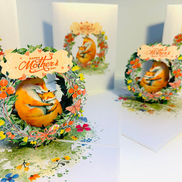 Happy Mother's Day - Sweet Mum & Baby Fox in Floral Wreath Origami Pop Cards 3D Pop Up Greeting Card Handmade Gift for Mum Floral Blank Card Australian Made Thank You Thinking of You Mother's Day Paper Art Gift Australian Flowers Celebrate Special Mum