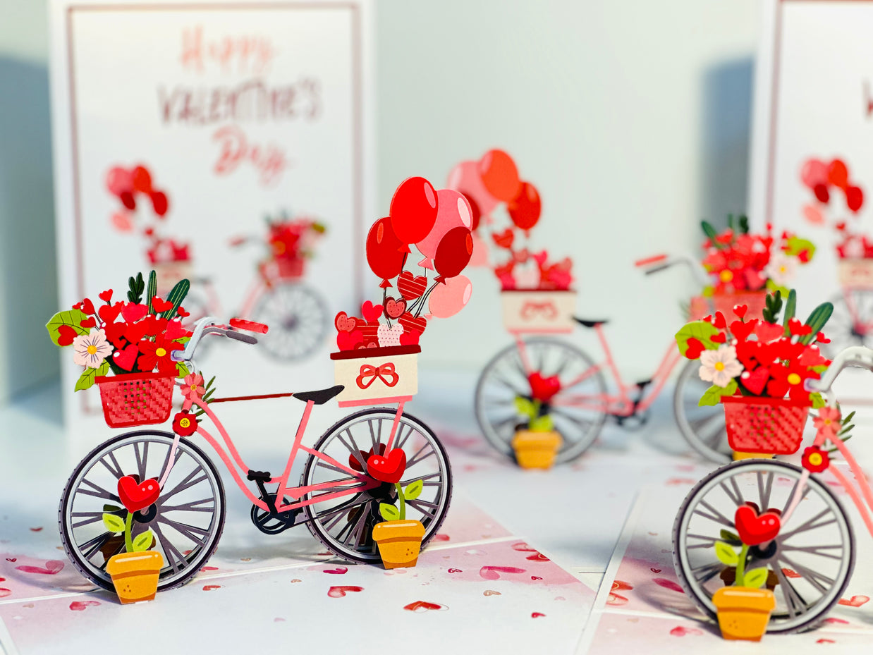 Happy Valentine's Day - Featuring a Delightful Bicycle 3D POP UP GREETING CARD - Created by Origami Pop Cards Australian Design & Handmade 3D Pop Up Magical Paper Cards, Handmade Pop Up Cards Happy Valentine's Day Celebrate Love Heart Fell and Romantic