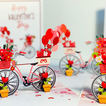 Happy Valentine's Day - Featuring a Delightful Bicycle 3D POP UP GREETING CARD - Created by Origami Pop Cards Australian Design & Handmade 3D Pop Up Magical Paper Cards, Handmade Pop Up Cards Happy Valentine's Day Celebrate Love Heart Fell and Romantic