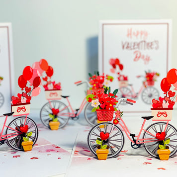 Happy Valentine's Day - Featuring a Delightful Bicycle 3D POP UP GREETING CARD - Created by Origami Pop Cards Australian Design & Handmade 3D Pop Up Magical Paper Cards, Handmade Pop Up Cards Happy Valentine's Day Celebrate Love Heart Fell and Romantic