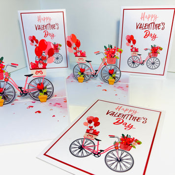 Happy Valentine's Day - Featuring a Delightful Bicycle 3D POP UP GREETING CARD - Created by Origami Pop Cards Australian Design & Handmade 3D Pop Up Magical Paper Cards, Handmade Pop Up Cards Happy Valentine's Day Celebrate Love Heart Fell and Romantic