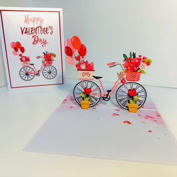 Happy Valentine's Day - Featuring a Delightful Bicycle 3D POP UP GREETING CARD - Created by Origami Pop Cards Australian Design & Handmade 3D Pop Up Magical Paper Cards, Handmade Pop Up Cards Happy Valentine's Day Celebrate Love Heart Fell and Romantic