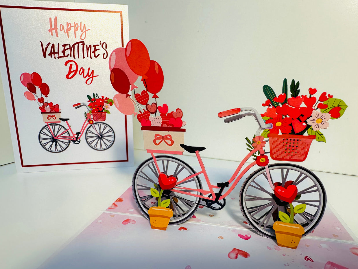 Happy Valentine's Day - Featuring a Delightful Bicycle 3D POP UP GREETING CARD - Created by Origami Pop Cards Australian Design & Handmade 3D Pop Up Magical Paper Cards, Handmade Pop Up Cards Happy Valentine's Day Celebrate Love Heart Fell and Romantic