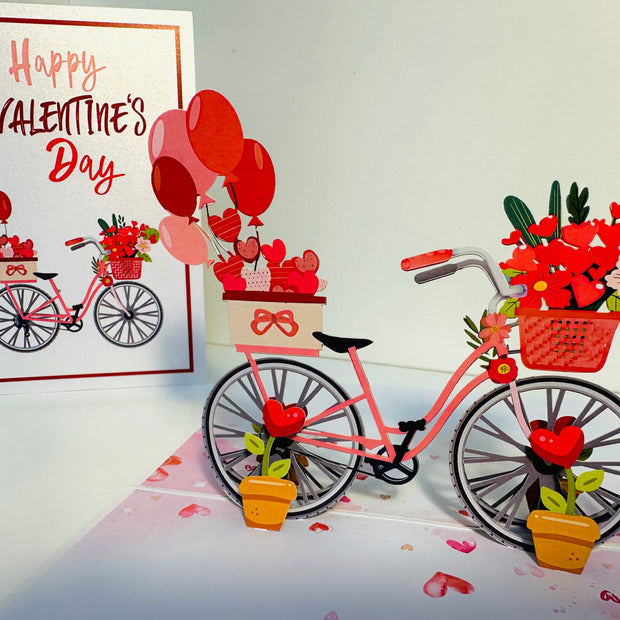 Happy Valentine's Day - Featuring a Delightful Bicycle 3D POP UP GREETING CARD - Created by Origami Pop Cards Australian Design & Handmade 3D Pop Up Magical Paper Cards, Handmade Pop Up Cards Happy Valentine's Day Celebrate Love Heart Fell and Romantic