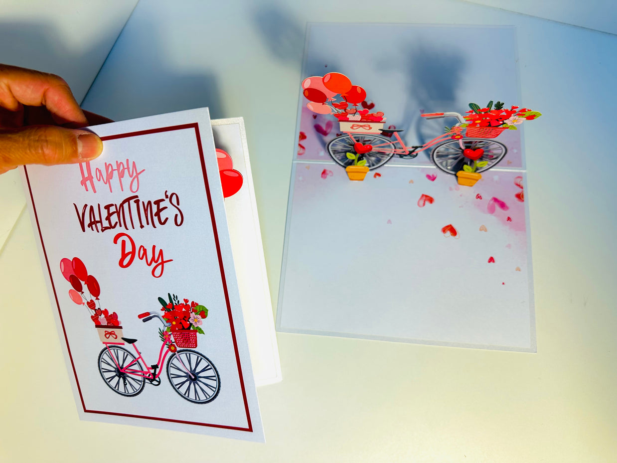 Happy Valentine's Day - Featuring a Delightful Bicycle 3D POP UP GREETING CARD - Created by Origami Pop Cards Australian Design & Handmade 3D Pop Up Magical Paper Cards, Handmade Pop Up Cards Happy Valentine's Day Celebrate Love Heart Fell and Romantic