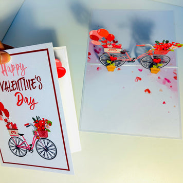 Happy Valentine's Day - Featuring a Delightful Bicycle 3D POP UP GREETING CARD - Created by Origami Pop Cards Australian Design & Handmade 3D Pop Up Magical Paper Cards, Handmade Pop Up Cards Happy Valentine's Day Celebrate Love Heart Fell and Romantic