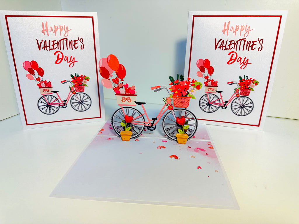 Happy Valentine's Day - Featuring a Delightful Bicycle 3D POP UP GREETING CARD - Created by Origami Pop Cards Australian Design & Handmade 3D Pop Up Magical Paper Cards, Handmade Pop Up Cards Happy Valentine's Day Celebrate Love Heart Fell and Romantic