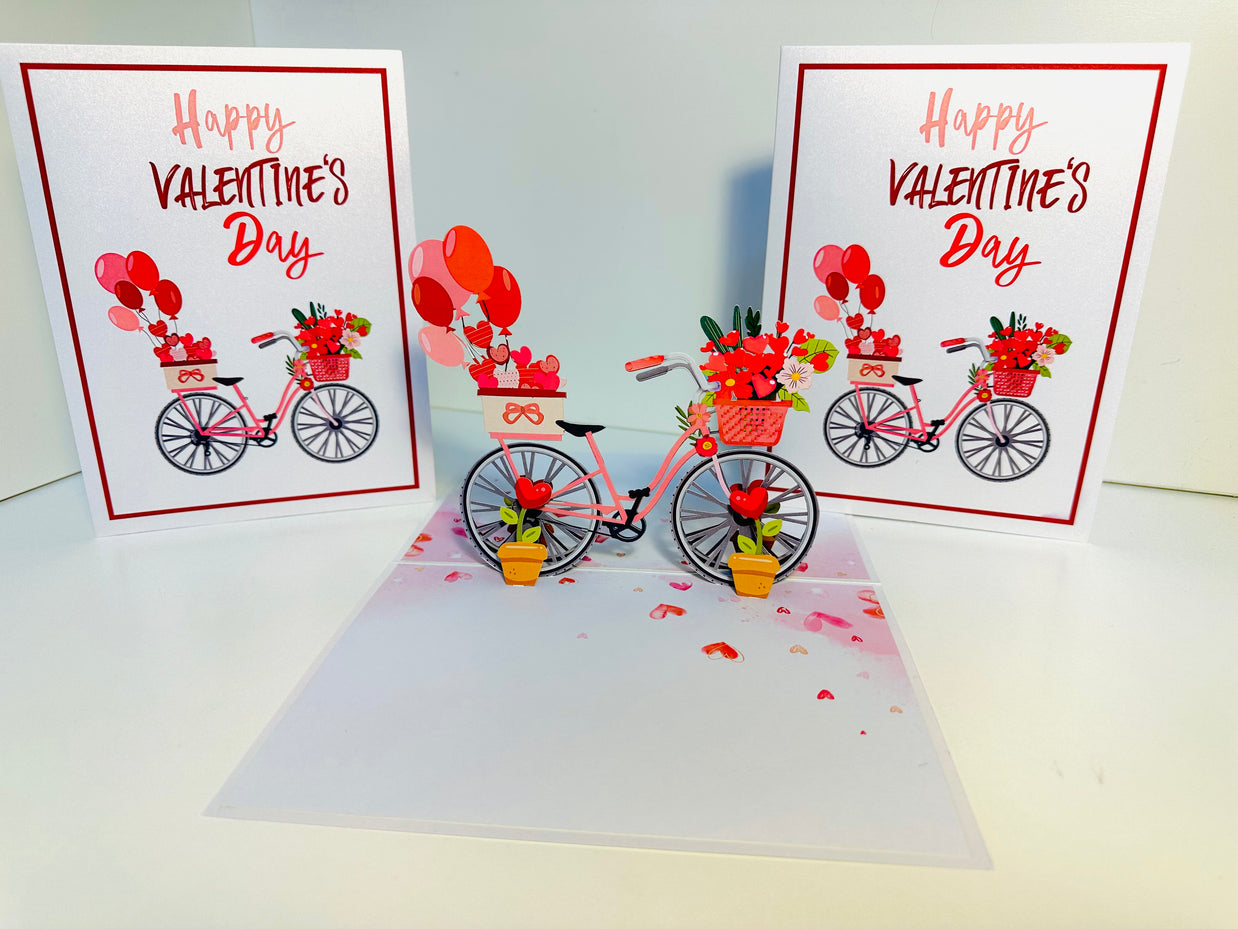Happy Valentine's Day - Featuring a Delightful Bicycle 3D POP UP GREETING CARD - Created by Origami Pop Cards Australian Design & Handmade 3D Pop Up Magical Paper Cards, Handmade Pop Up Cards Happy Valentine's Day Celebrate Love Heart Fell and Romantic