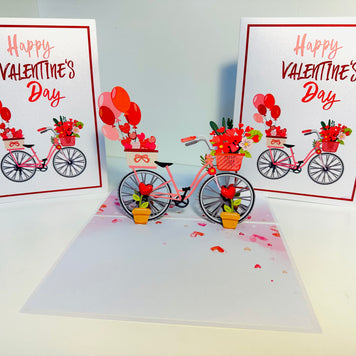 Happy Valentine's Day - Featuring a Delightful Bicycle 3D POP UP GREETING CARD - Created by Origami Pop Cards Australian Design & Handmade 3D Pop Up Magical Paper Cards, Handmade Pop Up Cards Happy Valentine's Day Celebrate Love Heart Fell and Romantic