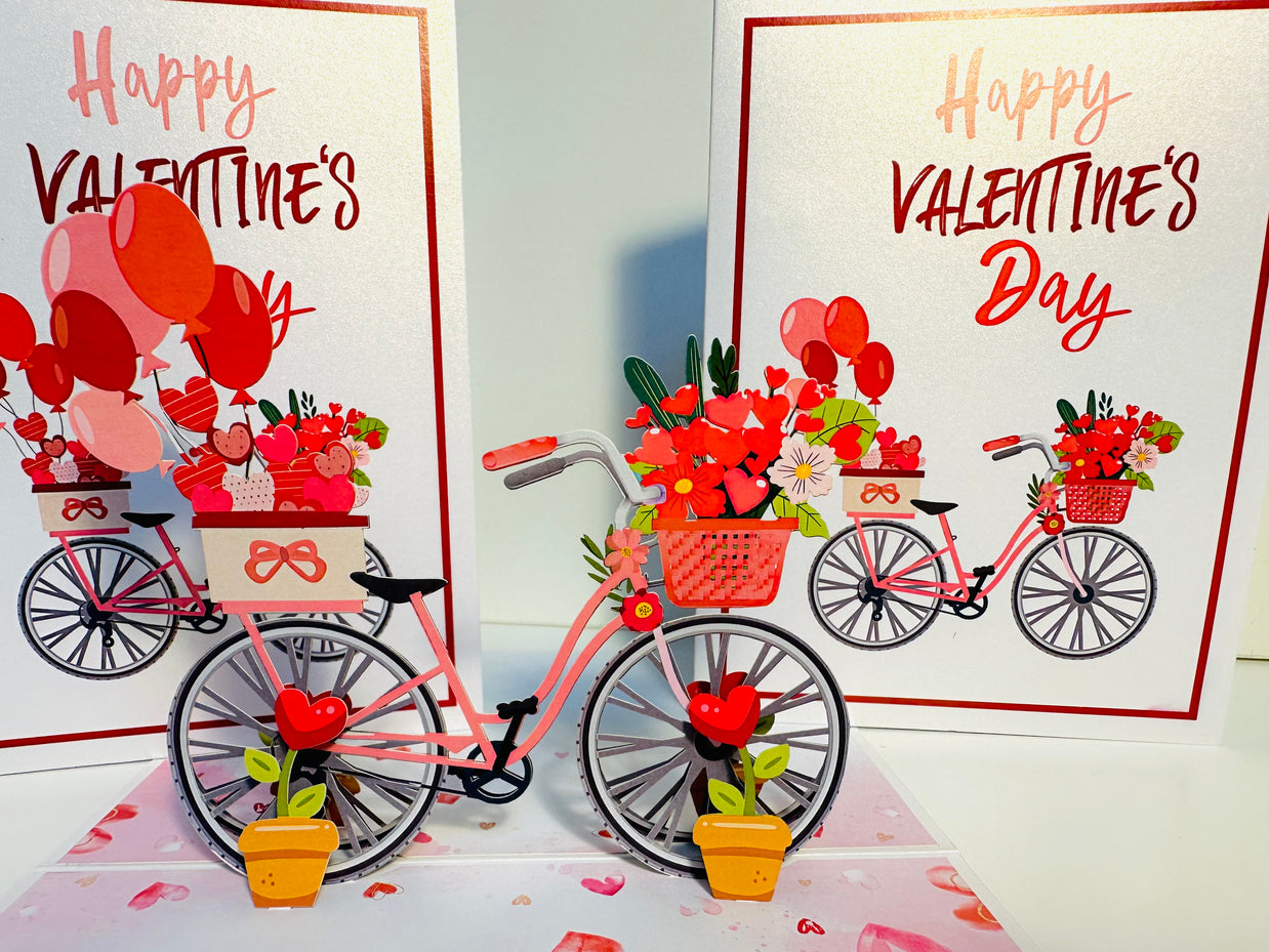 Happy Valentine's Day - Featuring a Delightful Bicycle 3D POP UP GREETING CARD - Created by Origami Pop Cards Australian Design & Handmade 3D Pop Up Magical Paper Cards, Handmade Pop Up Cards Happy Valentine's Day Celebrate Love Heart Fell and Romantic
