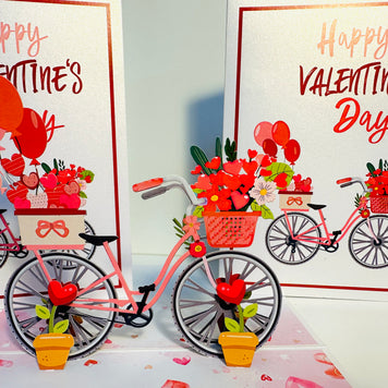 Happy Valentine's Day - Featuring a Delightful Bicycle 3D POP UP GREETING CARD - Created by Origami Pop Cards Australian Design & Handmade 3D Pop Up Magical Paper Cards, Handmade Pop Up Cards Happy Valentine's Day Celebrate Love Heart Fell and Romantic