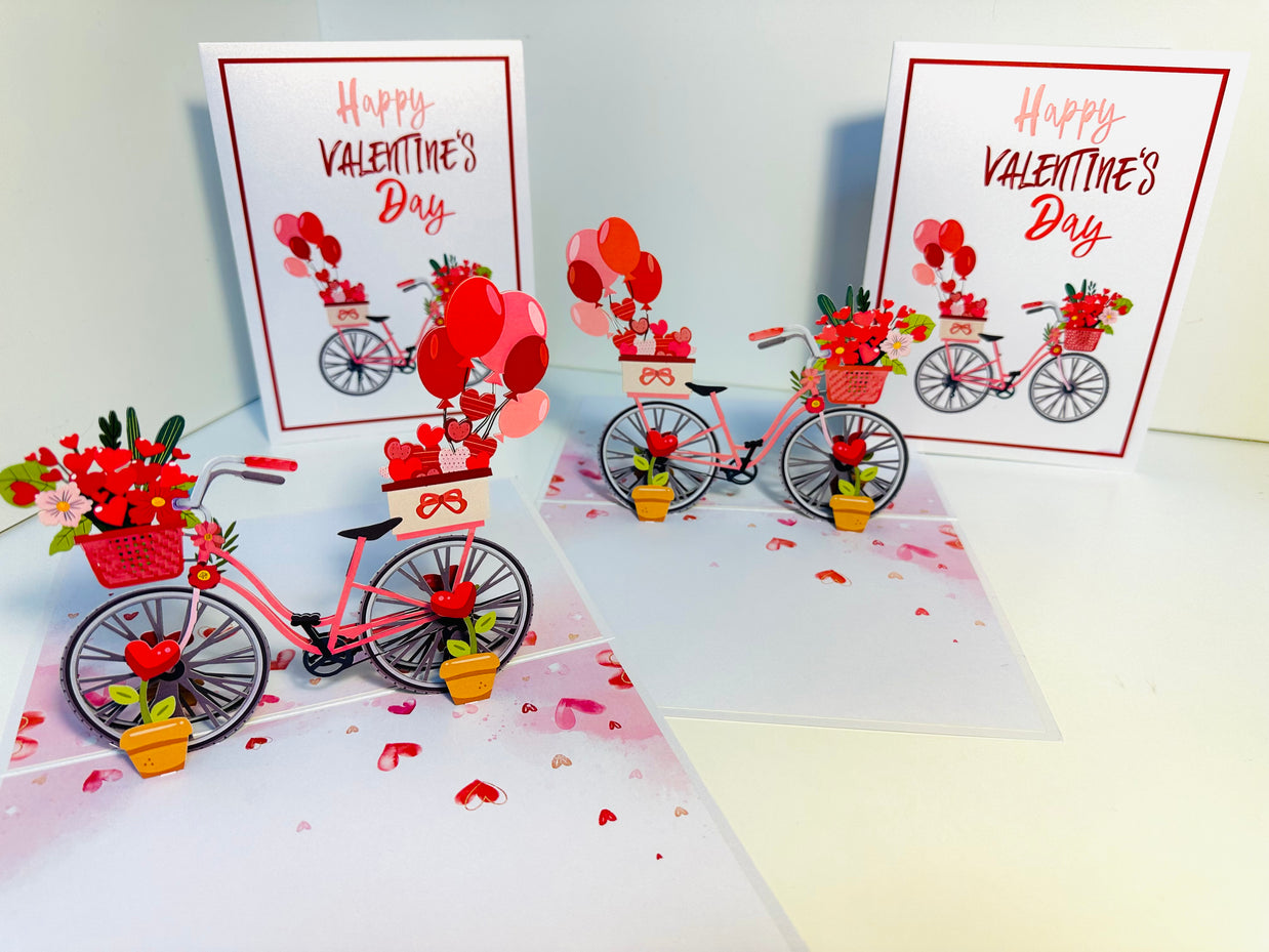 Happy Valentine's Day - Featuring a Delightful Bicycle 3D POP UP GREETING CARD - Created by Origami Pop Cards Australian Design & Handmade 3D Pop Up Magical Paper Cards, Handmade Pop Up Cards Happy Valentine's Day Celebrate Love Heart Fell and Romantic