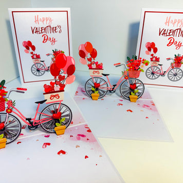 Happy Valentine's Day - Featuring a Delightful Bicycle 3D POP UP GREETING CARD - Created by Origami Pop Cards Australian Design & Handmade 3D Pop Up Magical Paper Cards, Handmade Pop Up Cards Happy Valentine's Day Celebrate Love Heart Fell and Romantic