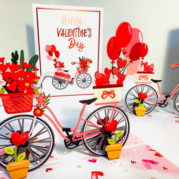 Happy Valentine's Day - Featuring a Delightful Bicycle 3D POP UP GREETING CARD - Created by Origami Pop Cards Australian Design & Handmade 3D Pop Up Magical Paper Cards, Handmade Pop Up Cards Happy Valentine's Day Celebrate Love Heart Fell and Romantic