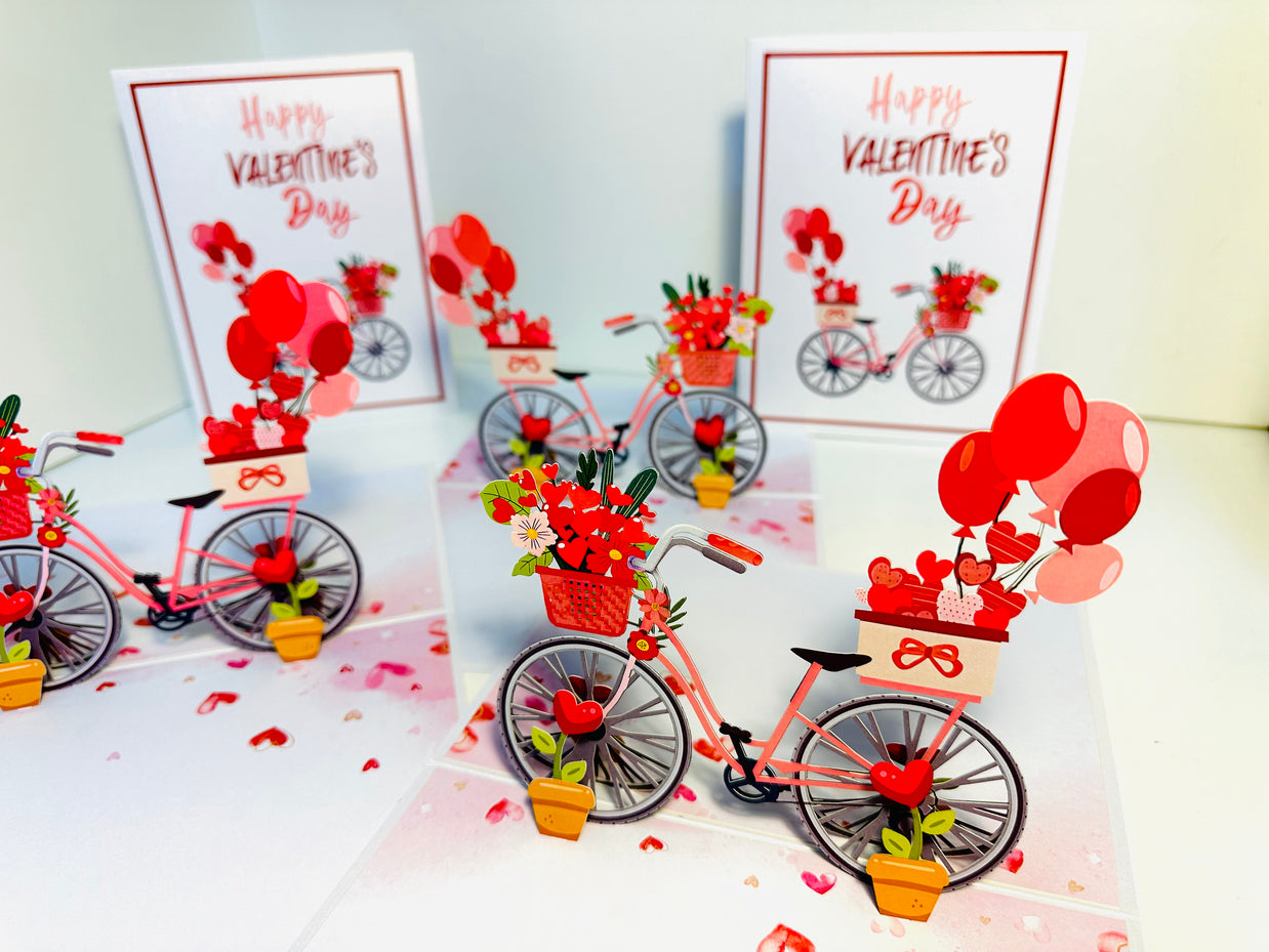 Happy Valentine's Day - Featuring a Delightful Bicycle 3D POP UP GREETING CARD - Created by Origami Pop Cards Australian Design & Handmade 3D Pop Up Magical Paper Cards, Handmade Pop Up Cards Happy Valentine's Day Celebrate Love Heart Fell and Romantic
