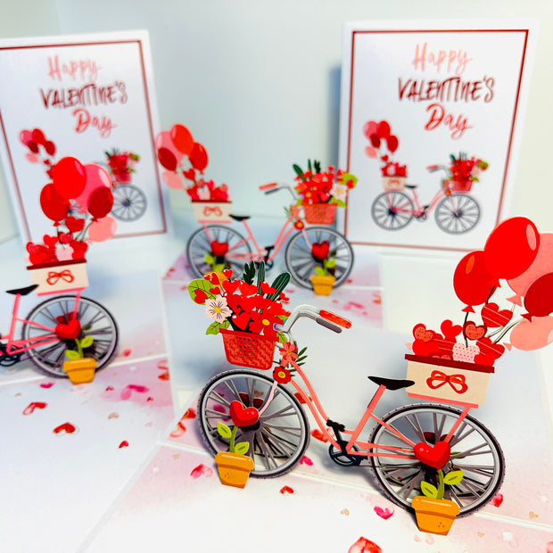 Happy Valentine's Day - Featuring a Delightful Bicycle 3D POP UP GREETING CARD - Created by Origami Pop Cards Australian Design & Handmade 3D Pop Up Magical Paper Cards, Handmade Pop Up Cards Happy Valentine's Day Celebrate Love Heart Fell and Romantic