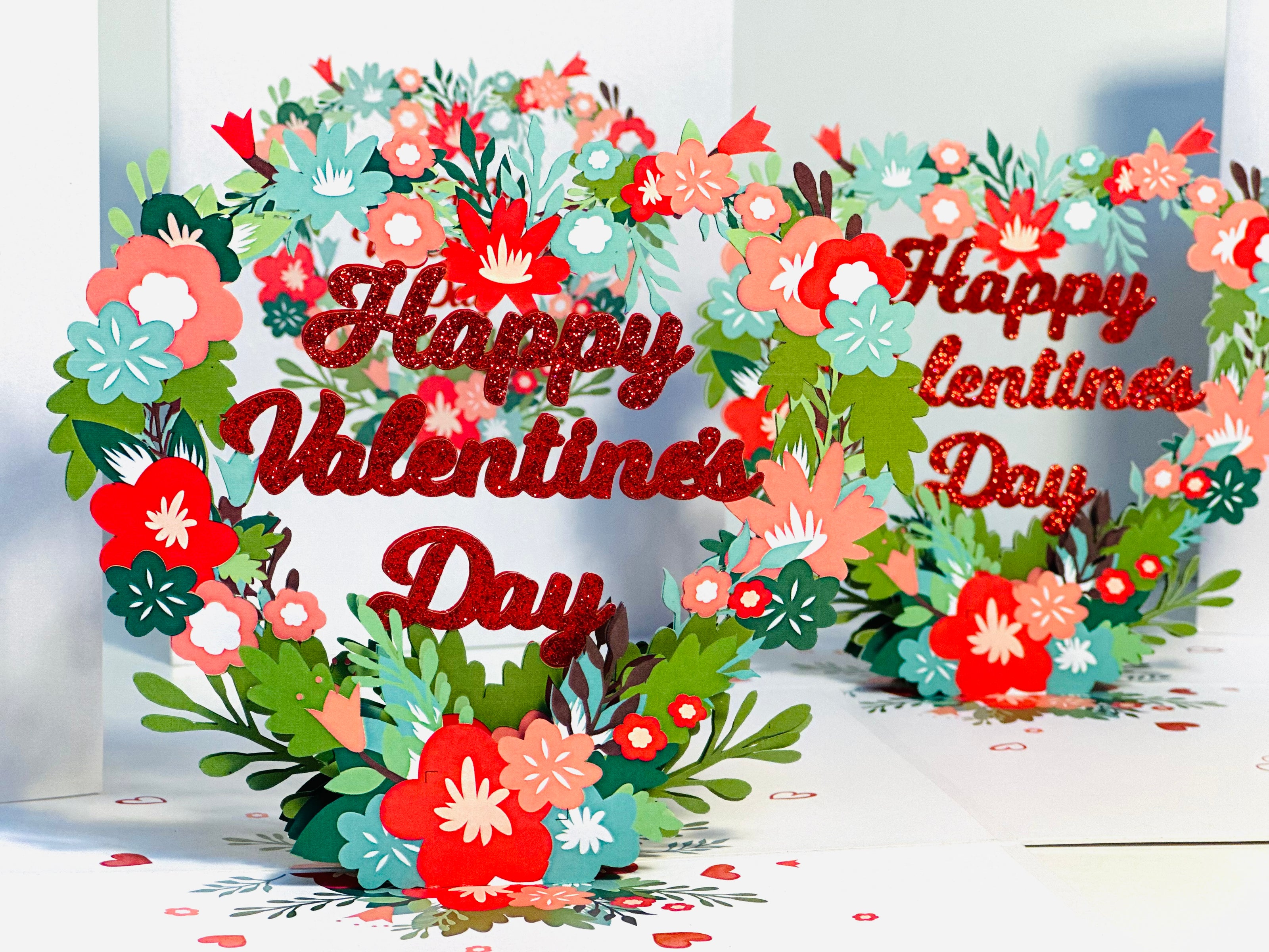 Happy Valentine's Day - Floral Love Heart Wreath 3D POP UP GREETING CARD - Created by Origami Pop Cards Australian Design & Handmade 3D Pop Up Magical Paper Cards, Handmade Pop Up Cards Happy Valentine's Day Celebrate Love Heart Fell and Romantic