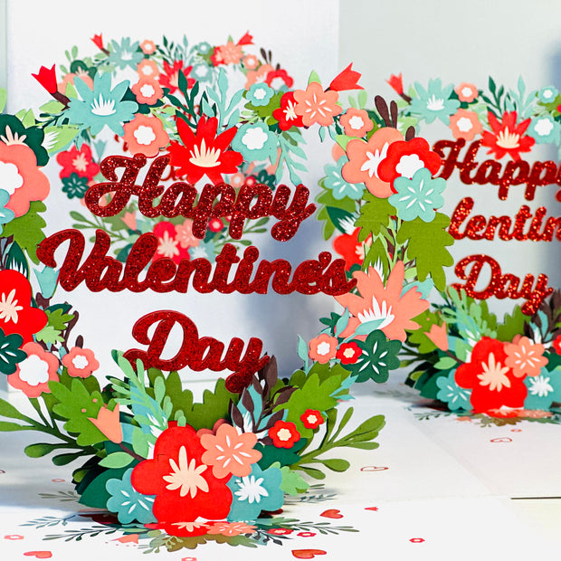Happy Valentine's Day - Floral Love Heart Wreath 3D POP UP GREETING CARD - Created by Origami Pop Cards Australian Design & Handmade 3D Pop Up Magical Paper Cards, Handmade Pop Up Cards Happy Valentine's Day Celebrate Love Heart Fell and Romantic
