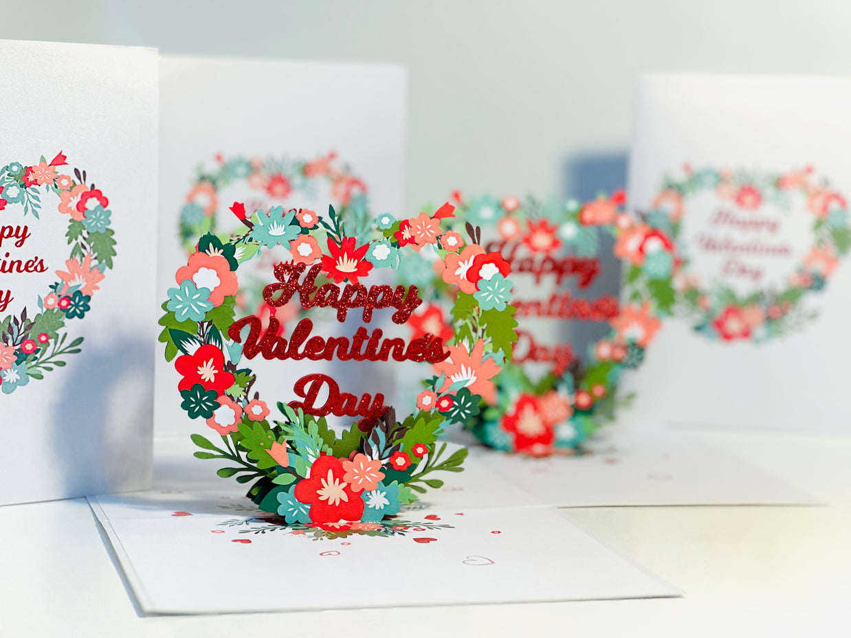 Happy Valentine's Day - Floral Love Heart Wreath 3D POP UP GREETING CARD - Created by Origami Pop Cards Australian Design & Handmade 3D Pop Up Magical Paper Cards, Handmade Pop Up Cards Happy Valentine's Day Celebrate Love Heart Fell and Romantic