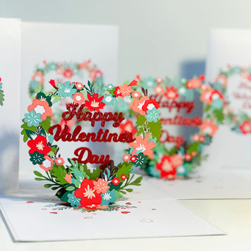 Happy Valentine's Day - Floral Love Heart Wreath 3D POP UP GREETING CARD - Created by Origami Pop Cards Australian Design & Handmade 3D Pop Up Magical Paper Cards, Handmade Pop Up Cards Happy Valentine's Day Celebrate Love Heart Fell and Romantic
