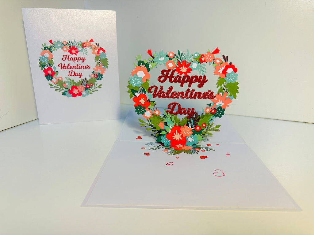 Happy Valentine's Day - Floral Love Heart Wreath 3D POP UP GREETING CARD - Created by Origami Pop Cards Australian Design & Handmade 3D Pop Up Magical Paper Cards, Handmade Pop Up Cards Happy Valentine's Day Celebrate Love Heart Fell and Romantic