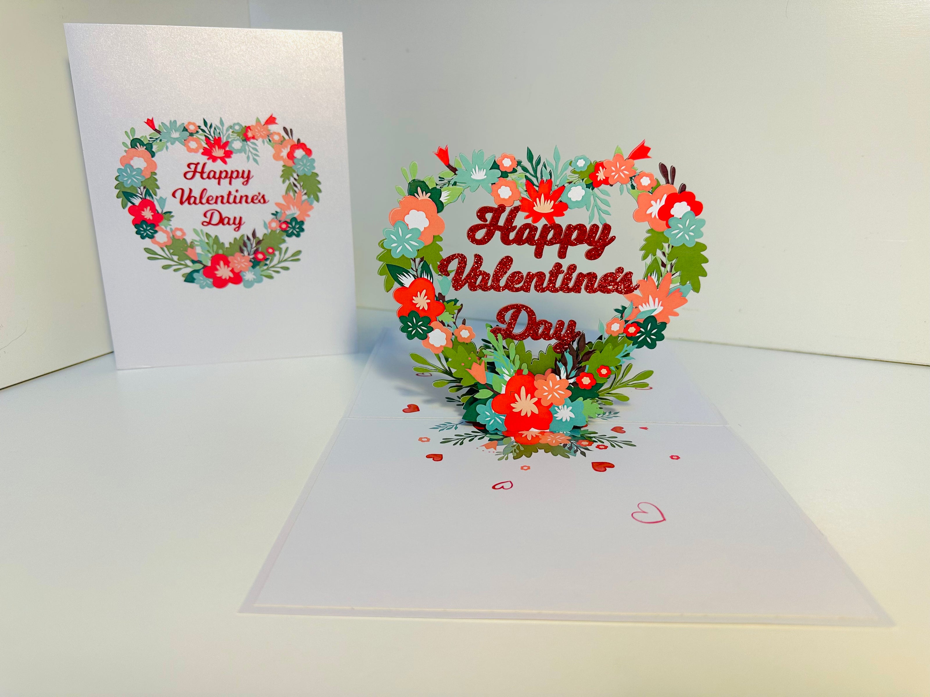 Happy Valentine's Day - Floral Love Heart Wreath 3D POP UP GREETING CARD - Created by Origami Pop Cards Australian Design & Handmade 3D Pop Up Magical Paper Cards, Handmade Pop Up Cards Happy Valentine's Day Celebrate Love Heart Fell and Romantic
