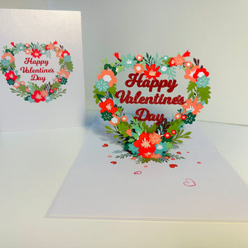 Happy Valentine's Day - Floral Love Heart Wreath 3D POP UP GREETING CARD - Created by Origami Pop Cards Australian Design & Handmade 3D Pop Up Magical Paper Cards, Handmade Pop Up Cards Happy Valentine's Day Celebrate Love Heart Fell and Romantic