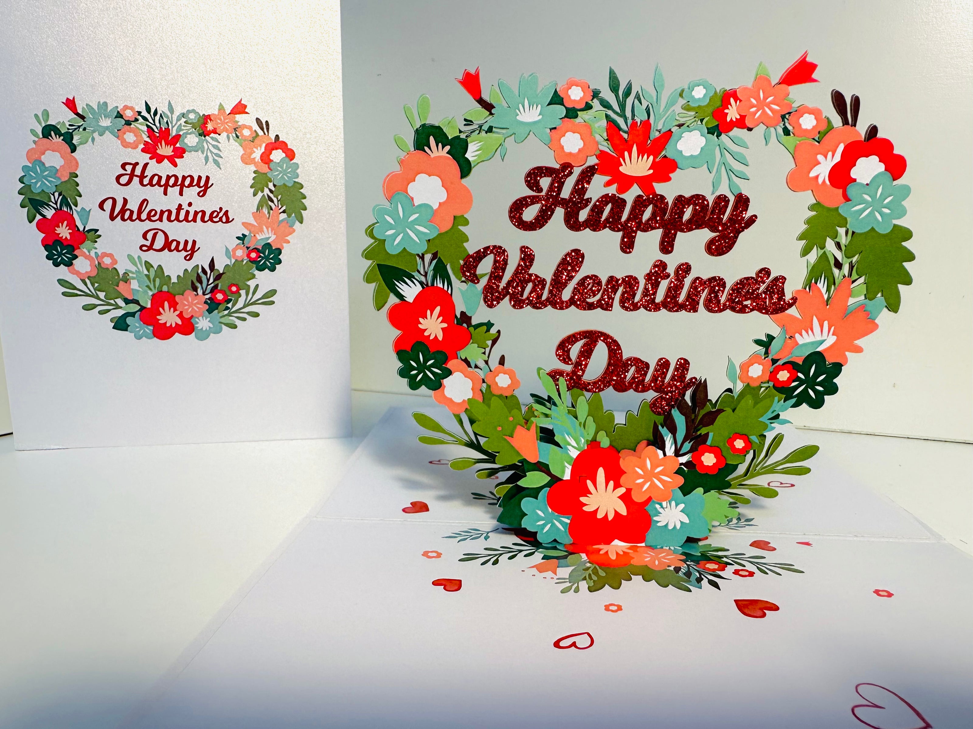 Happy Valentine's Day - Floral Love Heart Wreath 3D POP UP GREETING CARD - Created by Origami Pop Cards Australian Design & Handmade 3D Pop Up Magical Paper Cards, Handmade Pop Up Cards Happy Valentine's Day Celebrate Love Heart Fell and Romantic