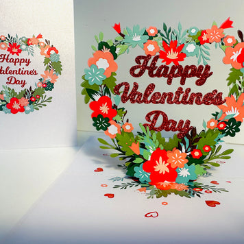 Happy Valentine's Day - Floral Love Heart Wreath 3D POP UP GREETING CARD - Created by Origami Pop Cards Australian Design & Handmade 3D Pop Up Magical Paper Cards, Handmade Pop Up Cards Happy Valentine's Day Celebrate Love Heart Fell and Romantic